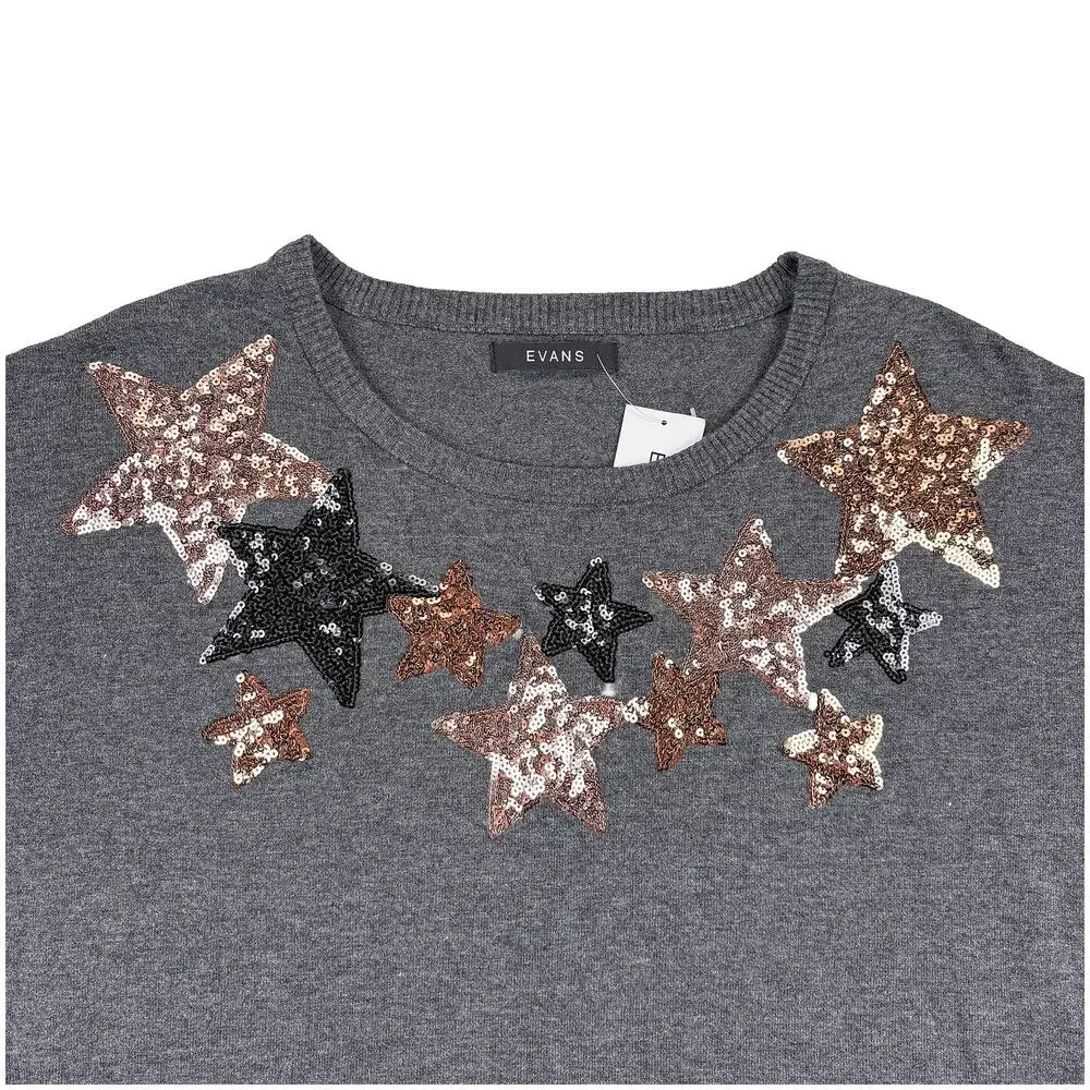 Evans Jumper Star Tunic NWT Womens 20 Gray Sequin Star Sweater Top Holiday